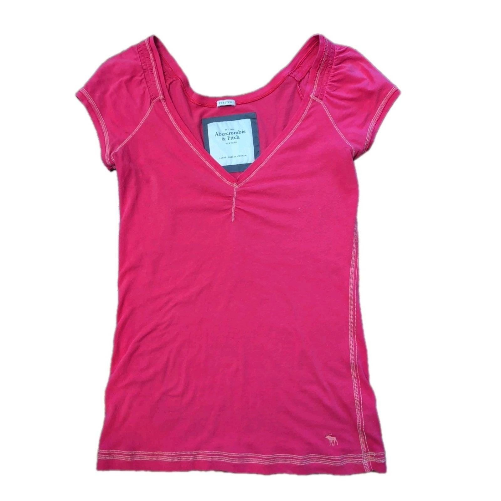 Abercrombie&Fitch Pink V-Neck Contrast Stitch Cap Sleeve Fitted Top Y2k Sz L
